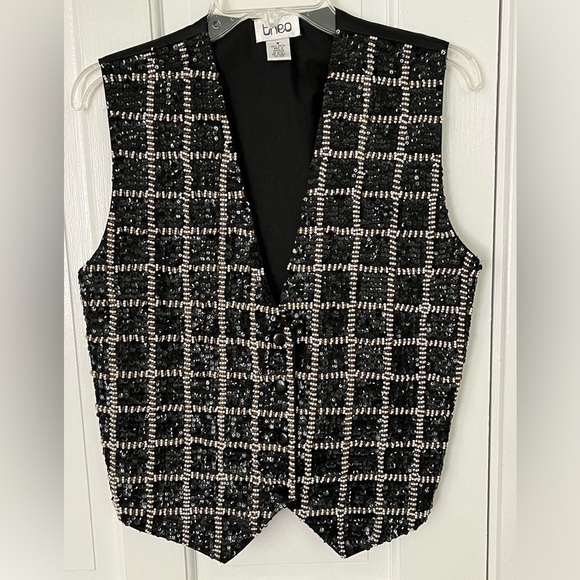 Theo Jackets & Blazers - Vintage Theo 90’s Black/Gold/Pearl Checkered Print Sequin Beaded Vest Size M